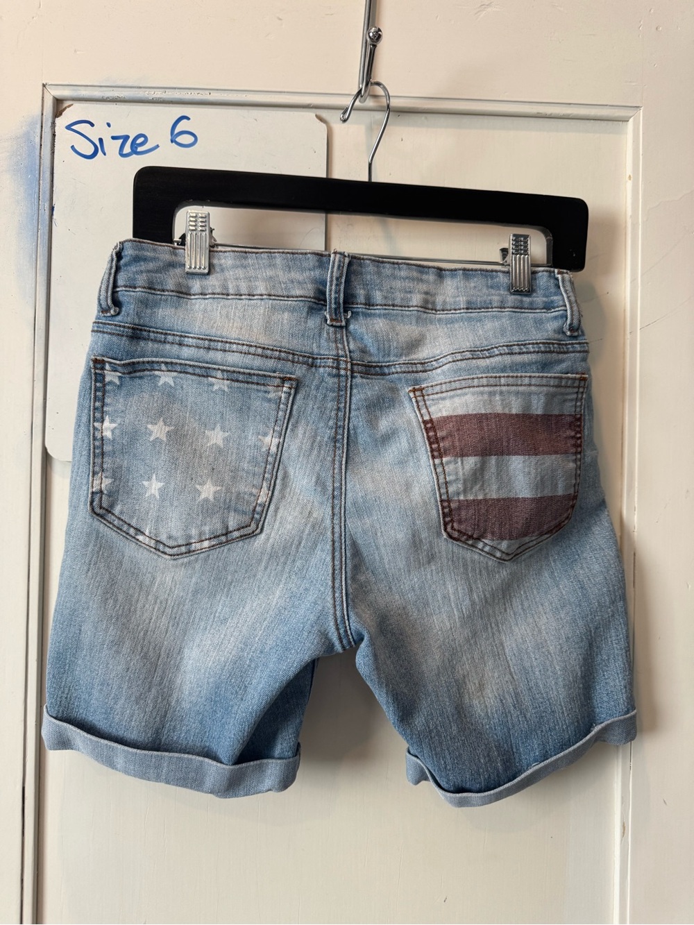 Light Wash Women's Denim Shorts with Flag Pocket Detail perfect July 4th